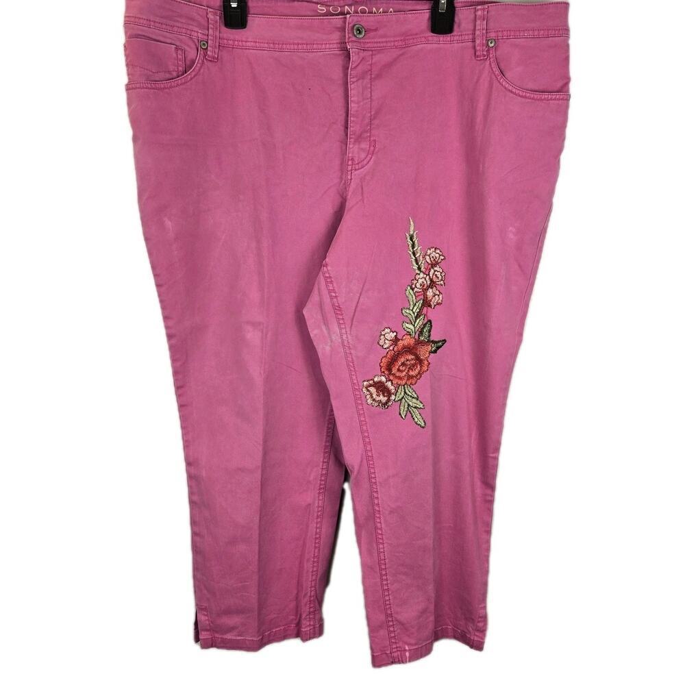Sonoma Hot Pink Cropped Jeans Embroidered Red Floral Distressed PLUS 20W Cottage